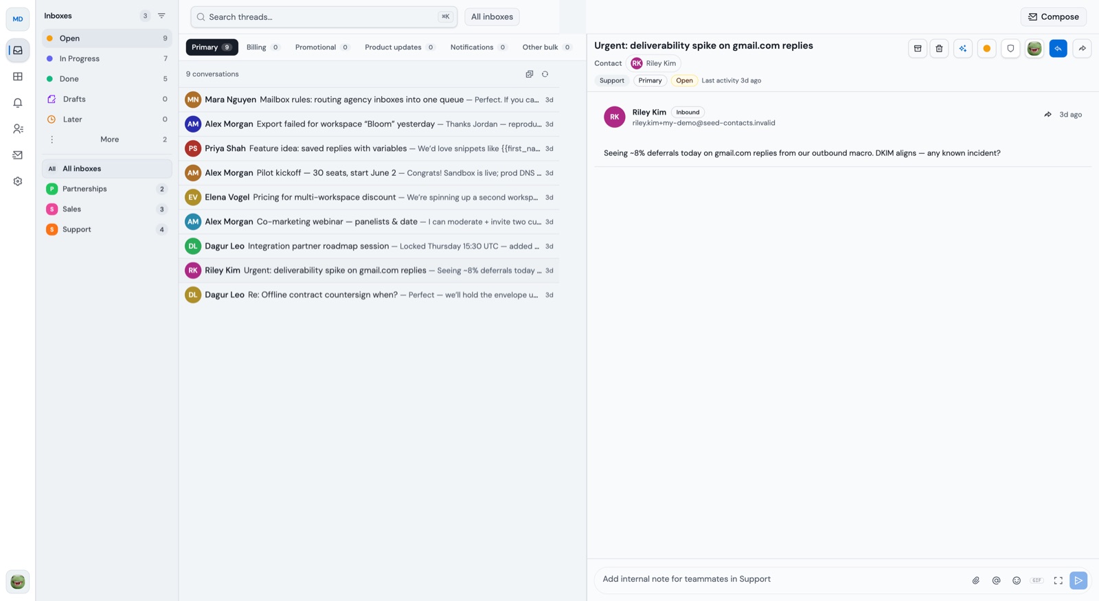 The Repliqo shared inbox: a list of customer conversations with assignees and statuses beside the open thread